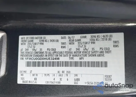 2017 Ford Escape Se из США, поврежденный, VIN 1FMCU0GD0HUE32498